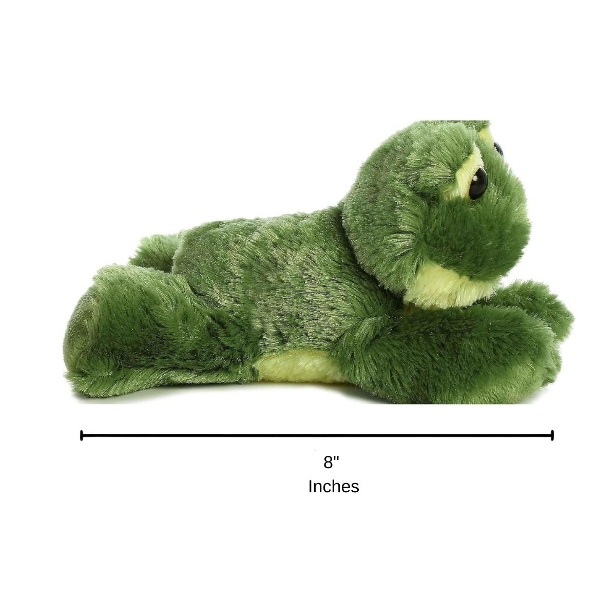Side profile view of the Frolick Frog plush resting on its tummy with a measurement graphic indicating it is 8 inches long.