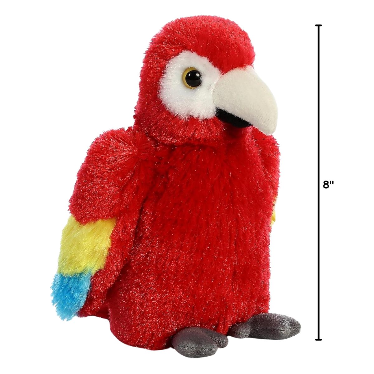 Side profile view of the Scarlet Macaw plush resting flat alongside a measurement line indicating its 8-inch length.