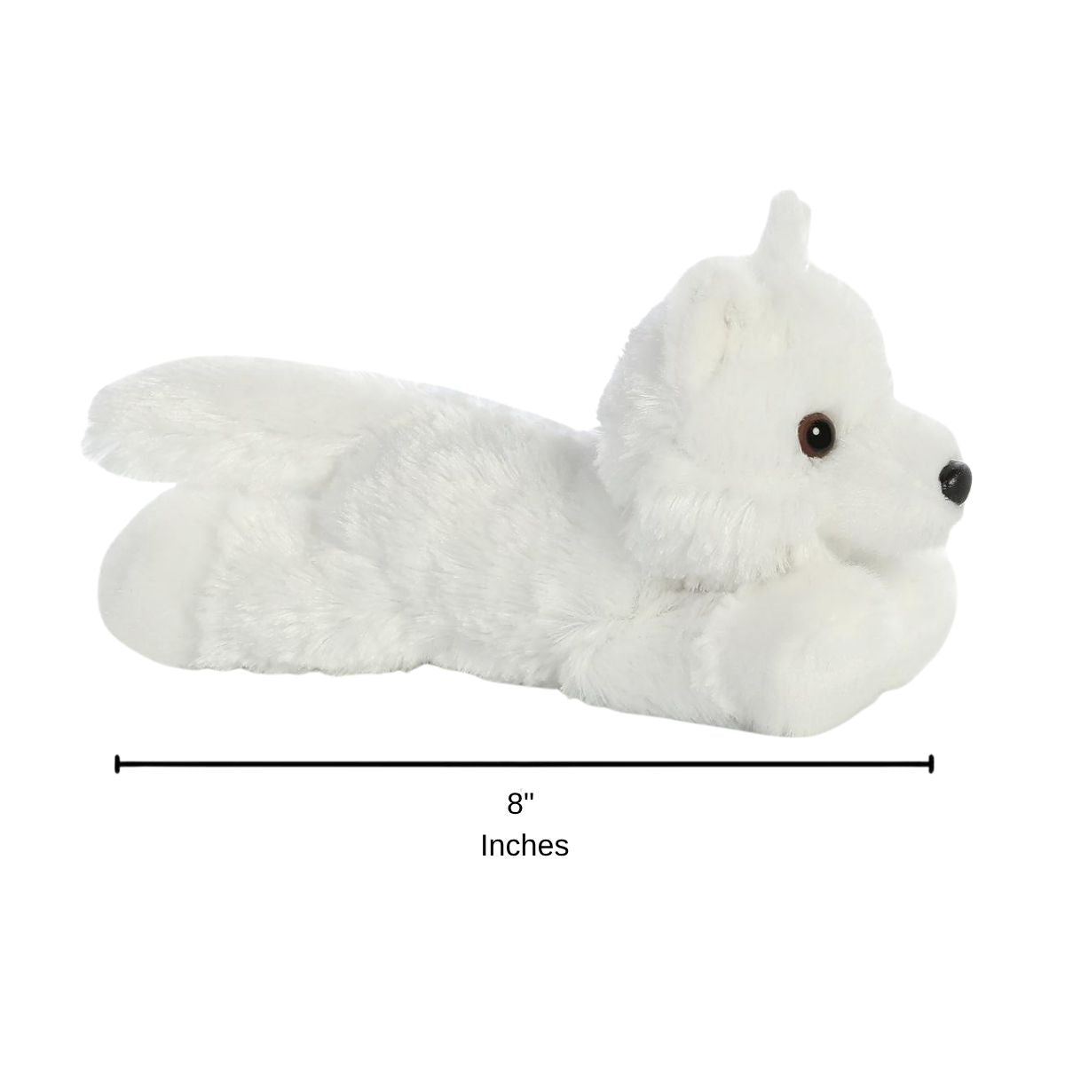 Side profile sizing graphic for the Aurora Mini Flopsie White Wolf plush resting on its belly, indicating a total length of 8 inches.