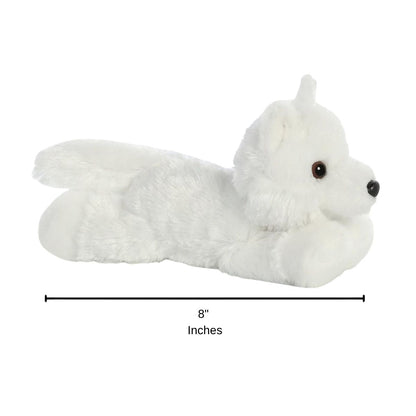 Side profile sizing graphic for the Aurora Mini Flopsie White Wolf plush resting on its belly, indicating a total length of 8 inches.