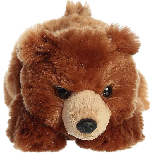 Straight-on front view of the soft grizzly bear plush showing its sweet face, dark eyes, and black nose.