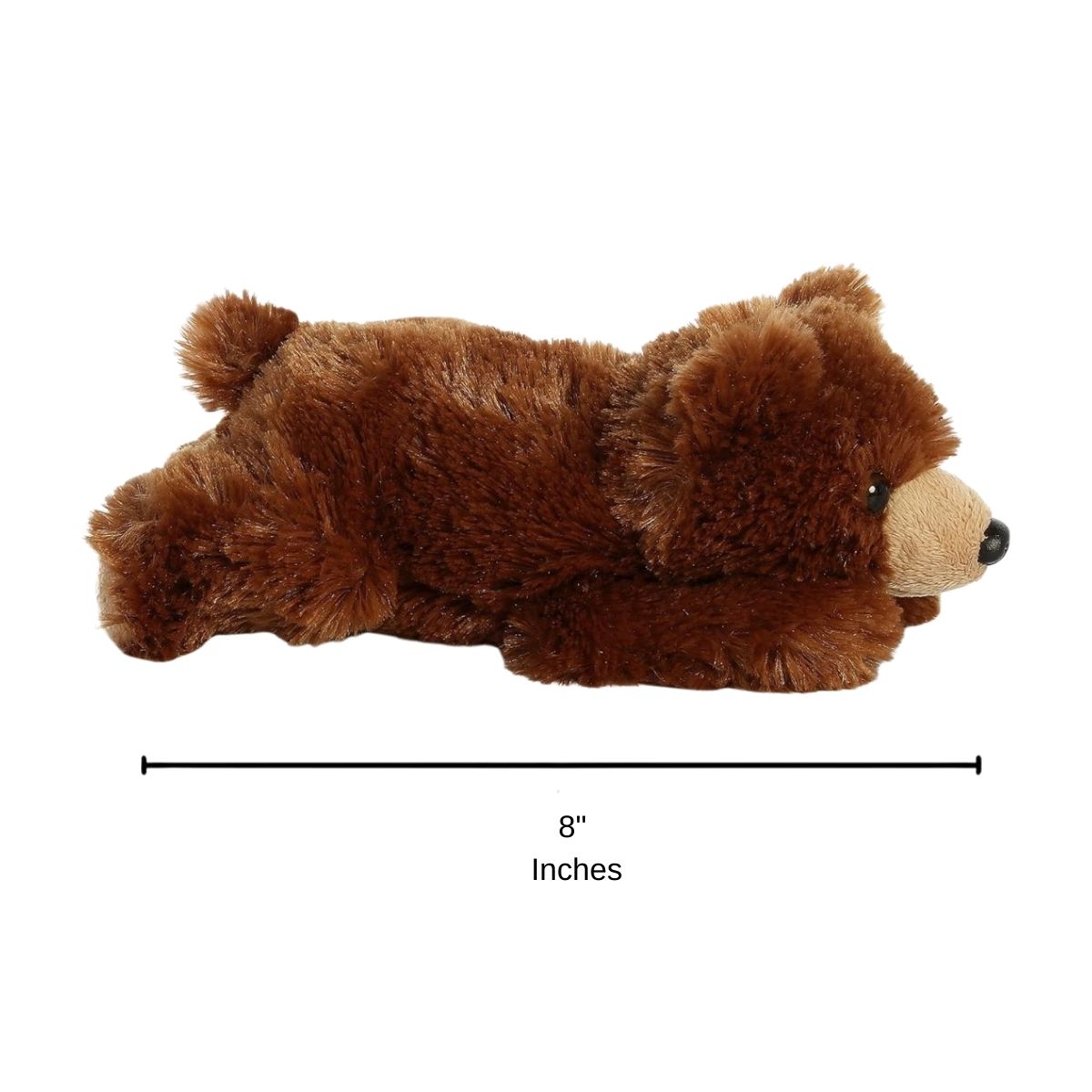 Side profile view of the grizzly bear plush resting on its tummy with a measurement graphic indicating it is 8 inches long.
