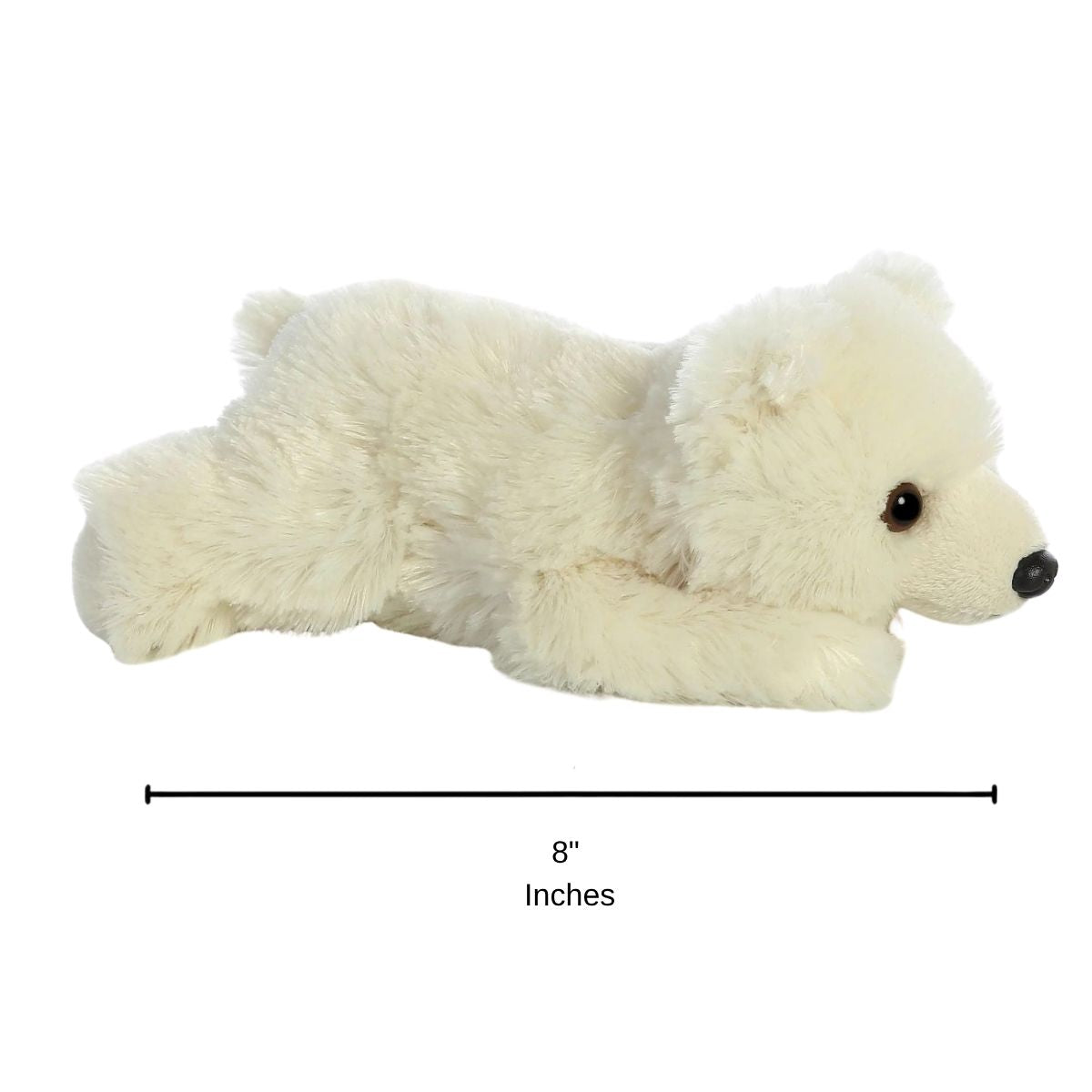 Full side profile of the Aurora Mini Flopsie polar bear plush with a dimension line indicating its 8-inch length.