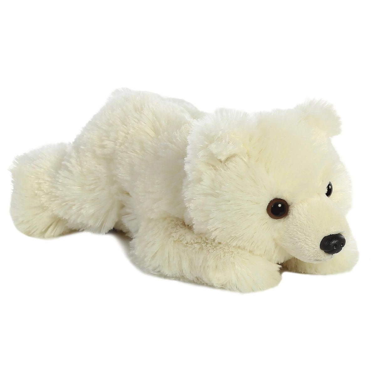 Angled front view of the Aurora Mini Flopsie Polar Bear 8-inch plush resting on its belly, featuring soft creamy white fur.