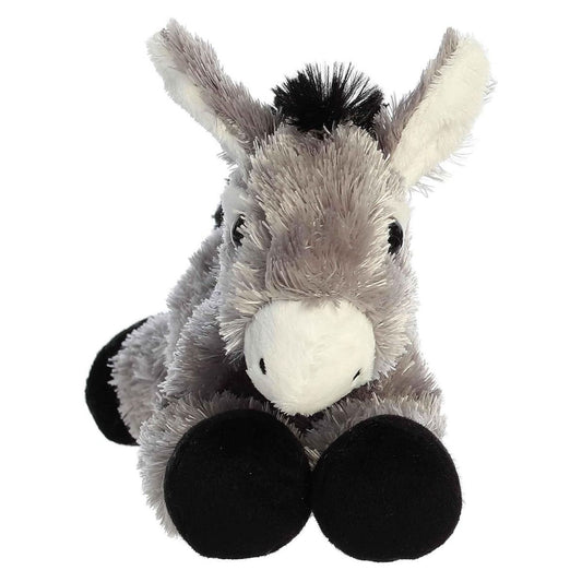 Straight-on front view of the soft donkey plush showing its sweet face, white muzzle, and black front hooves.