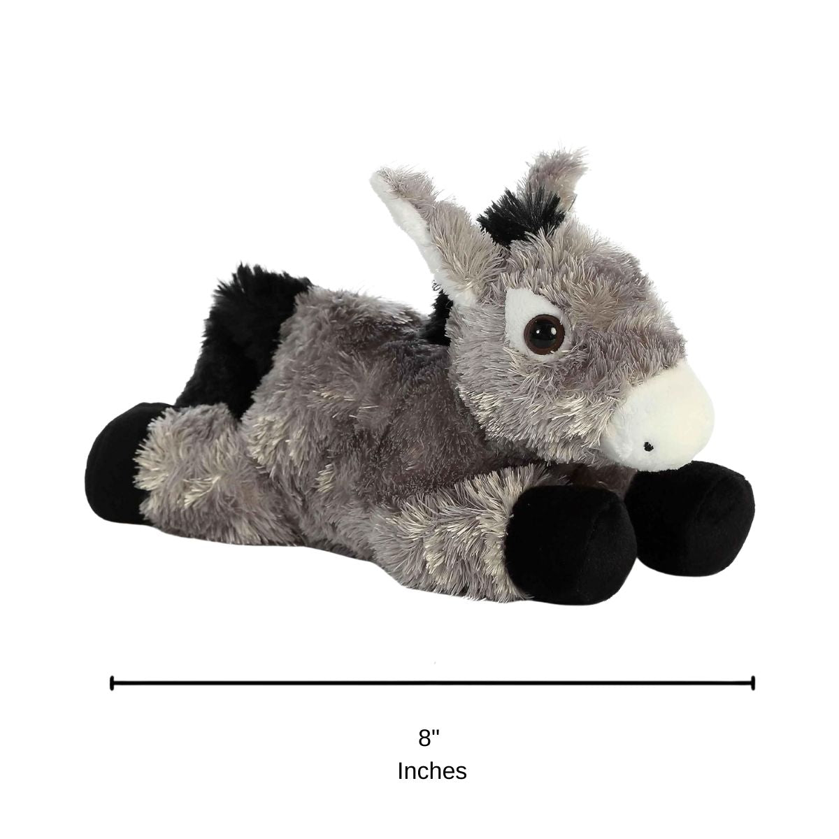 Angled side profile view of the donkey plush resting on its tummy with a measurement graphic indicating it is 8 inches long.