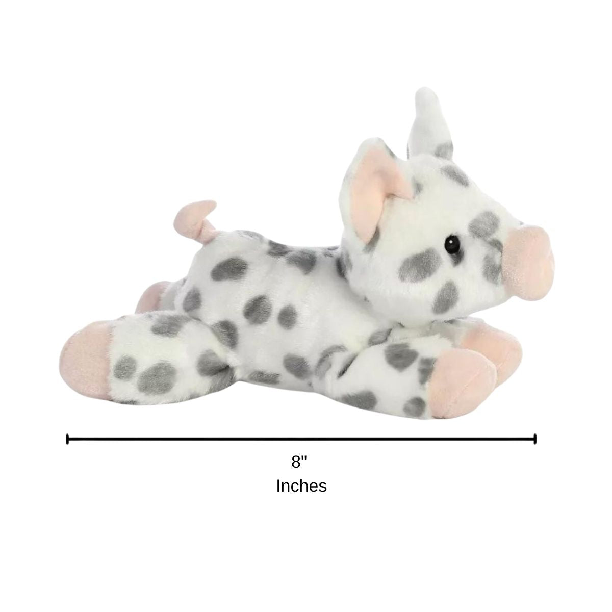 Side profile sizing graphic for the Aurora Mini Flopsie Spotted Piglet plush resting on its belly, indicating a total length of 8 inches.