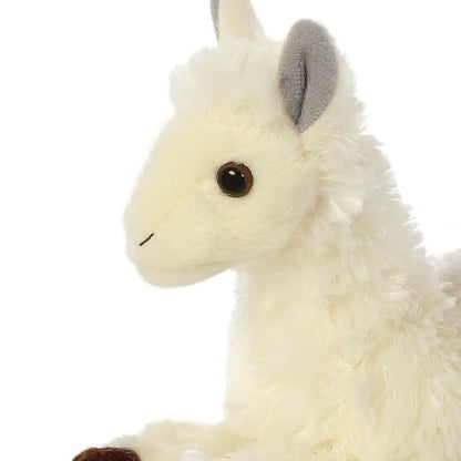 Close-up view of the llama's face highlighting its sweet dark eyes, cream muzzle, and soft grey ears.