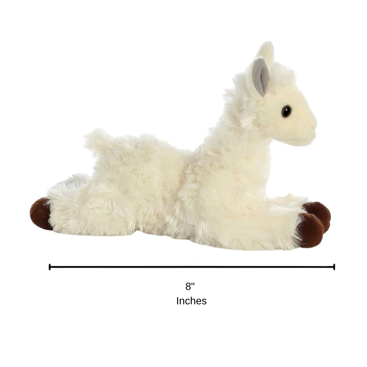 Full side profile of the Aurora Mini Flopsie llama plush with a dimension line indicating its 8-inch length.