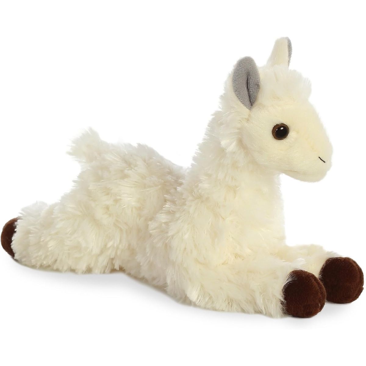 Angled side view of the Aurora Mini Flopsie Llama 8-inch plush resting on its belly, featuring shaggy cream fur and grey ears.