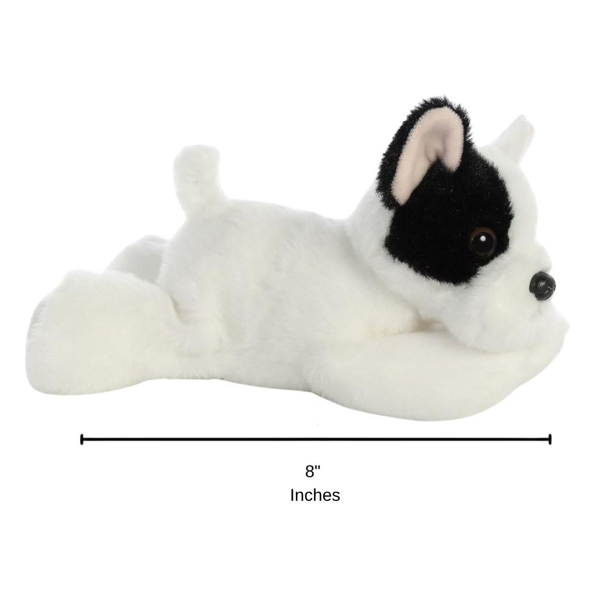 Side profile of the French Bulldog pup plush with a dimension line indicating its 8-inch length.