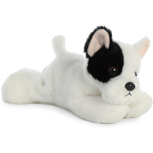 Angled front view of the Aurora Mini Flopsie French Bulldog Pup 8-inch plush resting on its belly, featuring white fur and a black eye patch.