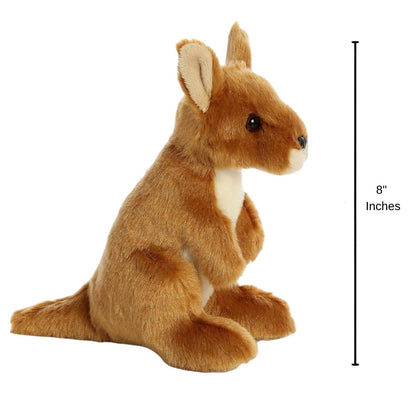 Full side profile of the brown kangaroo plush sitting upright with a dimension line indicating its 8-inch height.