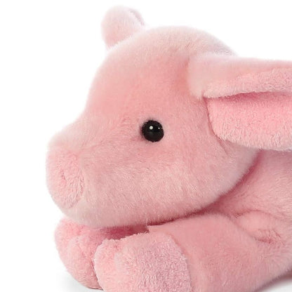 Close-up view of the piglet's face highlighting its sweet snout, dark eyes, and large floppy pink ears.