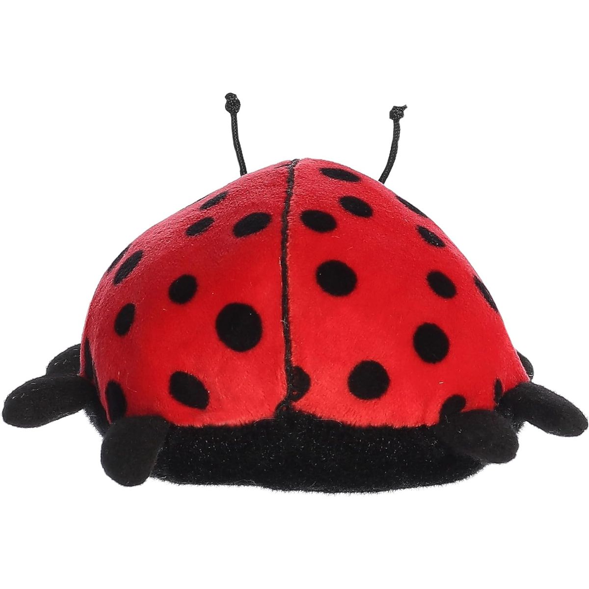 Back view of the Mini Flopsie Ladybug plush toy highlighting its vibrant red shell with classic black polka dots.