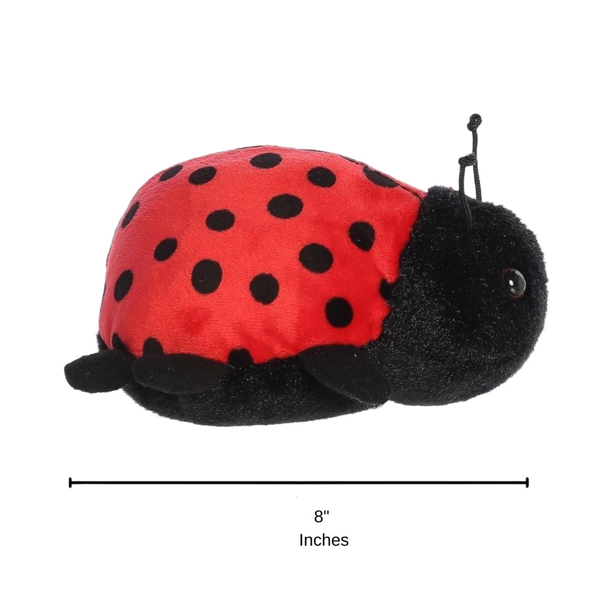 Sizing graphic for the Aurora Mini Flopsie Ladybug plush indicating a total length of 8 inches.