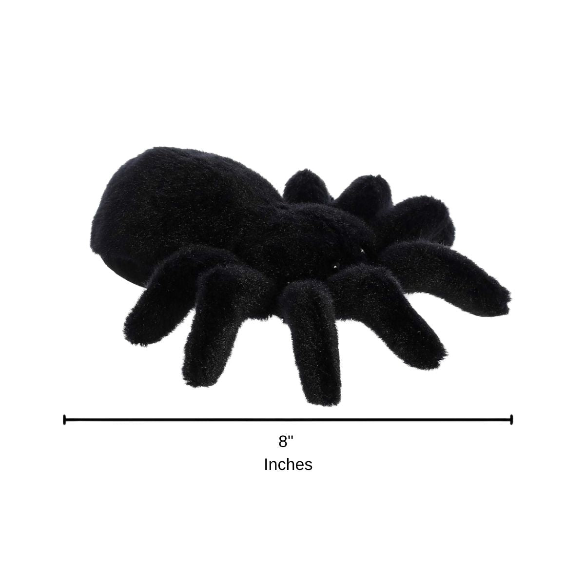 Side profile sizing graphic for the Aurora Mini Flopsie Tod the Tarantula plush, indicating a total length of 8 inches.