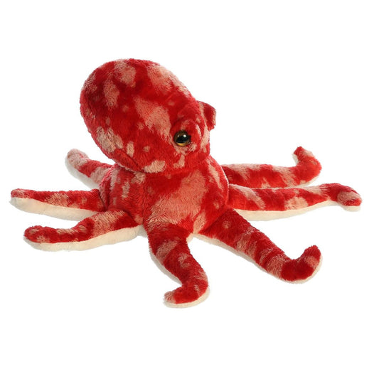 Angled side view of the Aurora Mini Flopsie Pacy the Octopus 8-inch plush featuring mottled red and tan fur.