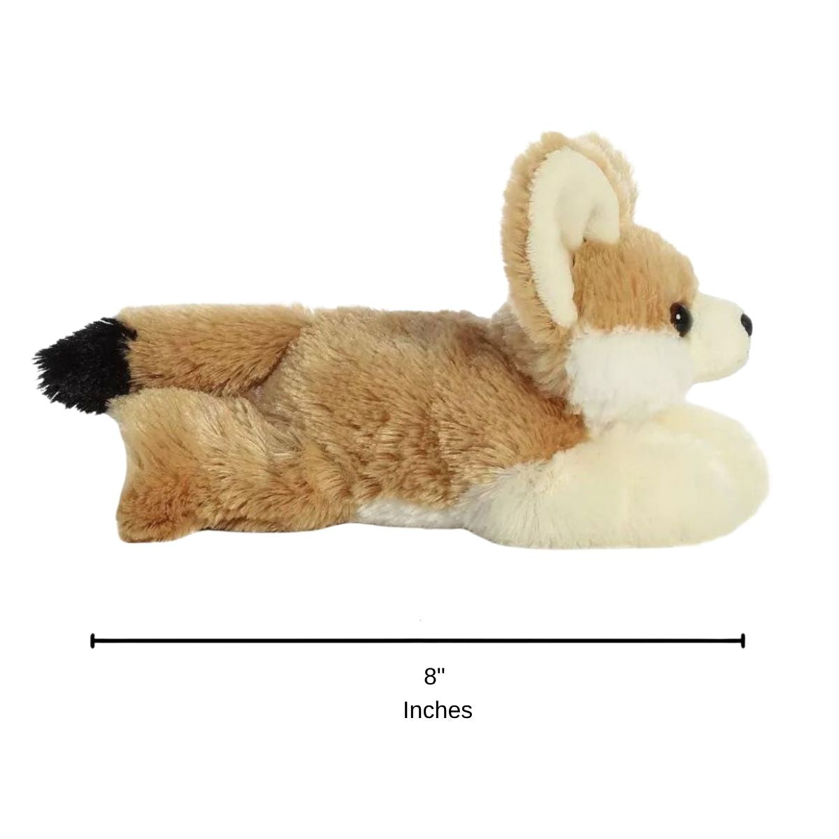 Full side profile of the sandy-tan fennec fox plush with a dimension line indicating its 8-inch length.
