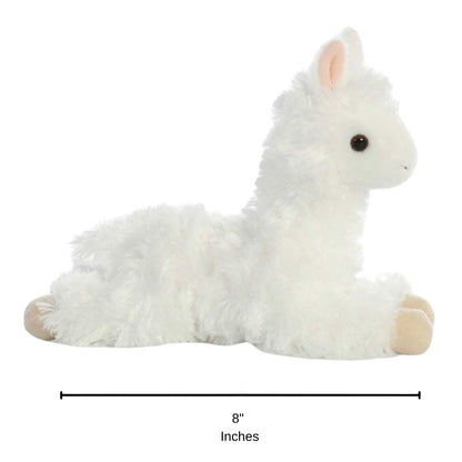 Full side profile of the white alpaca plush with a dimension line indicating its 8-inch length.