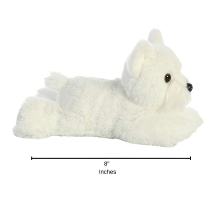 Full side profile of the white Westie terrier plush with a dimension line indicating its 8-inch length.