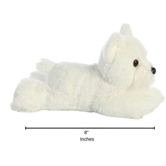 Full side profile of the white Westie terrier plush with a dimension line indicating its 8-inch length.