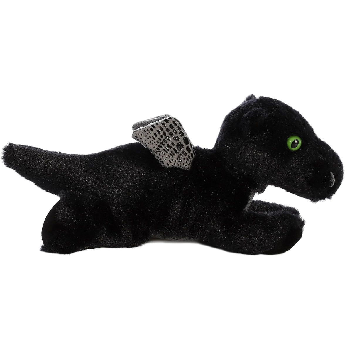 Side profile view of the black dragon stuffed animal highlighting its lounging posture and textured silver wings.