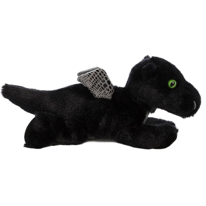 Side profile view of the black dragon stuffed animal highlighting its lounging posture and textured silver wings.