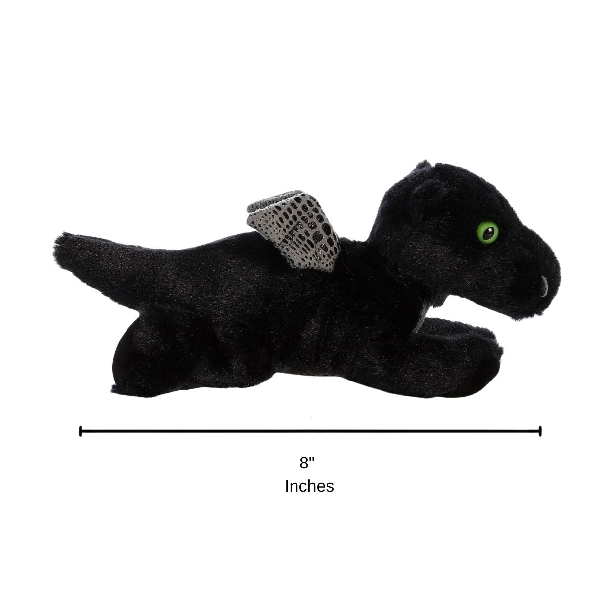 Side profile of the Aurora Mini Flopsie dragon plush with a dimension line indicating its 8-inch length.