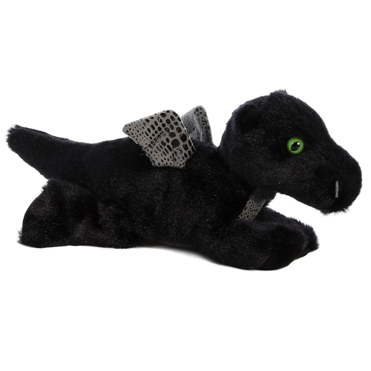 Angled front view of the Aurora Mini Flopsie Midnight Dragon 8-inch plush resting on its belly, featuring black fur, silver wings, and green eyes.