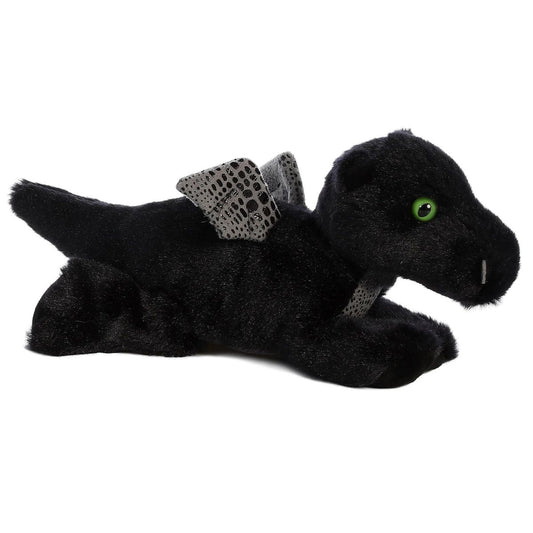 Angled front view of the Aurora Mini Flopsie Midnight Dragon 8-inch plush resting on its belly, featuring black fur, silver wings, and green eyes.