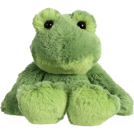 Straight front sitting view of the green frog plush showing its lighter green belly, large resting feet, and friendly face.