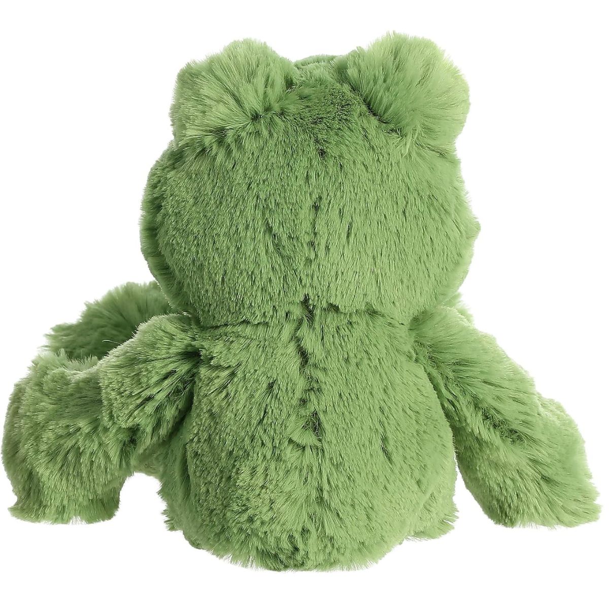 Back view of the Aurora Fernando the Frog plush showcasing its soft, shaggy dark green fur and relaxed posture.