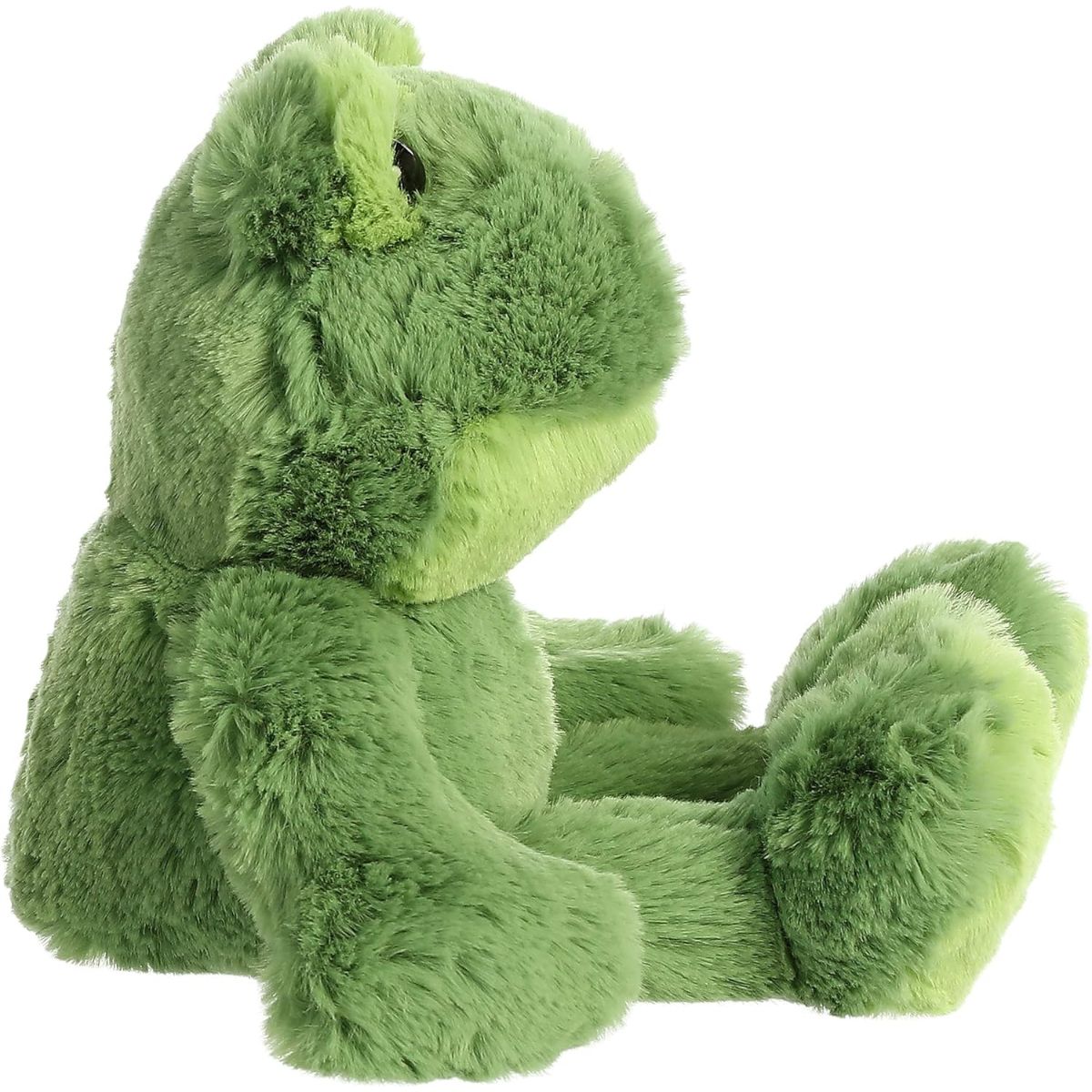 Side profile view of the Mini Flopsie Fernando the Frog plush sitting, highlighting its plump shape and floppy green legs.