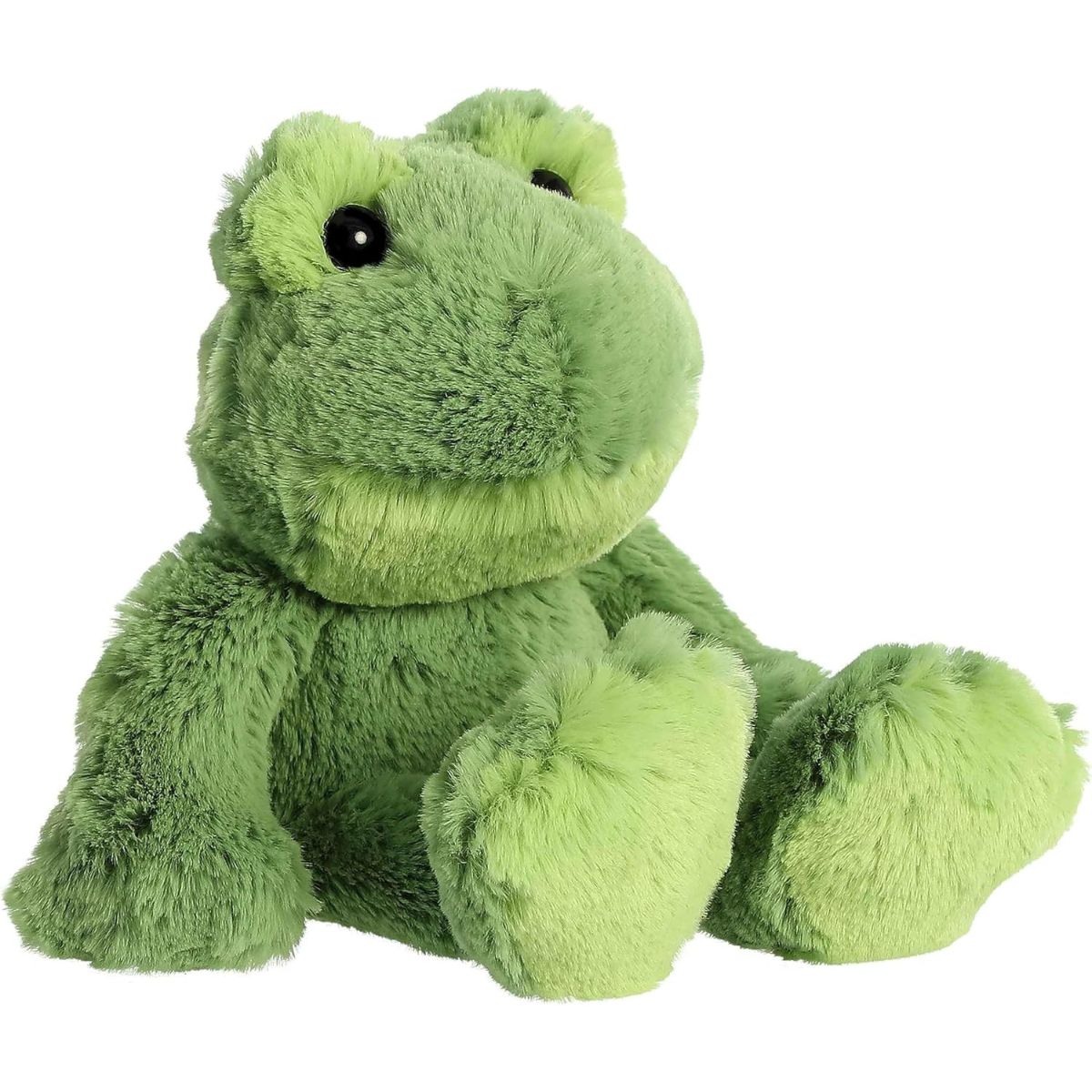 Angled front view of the 8-inch Aurora Mini Flopsie Fernando the Frog plush toy sitting down, featuring fluffy two-tone green fur and big eyes.