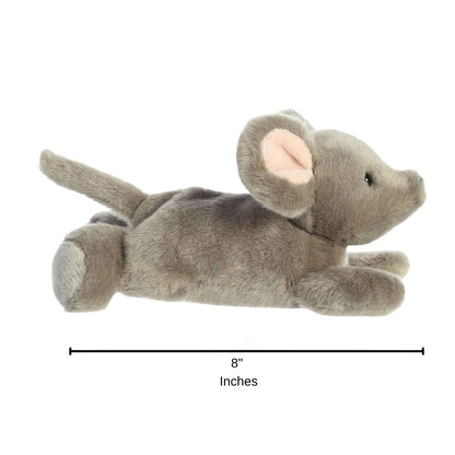 Full side profile of the grey mouse plush with a dimension line indicating its 8-inch length.