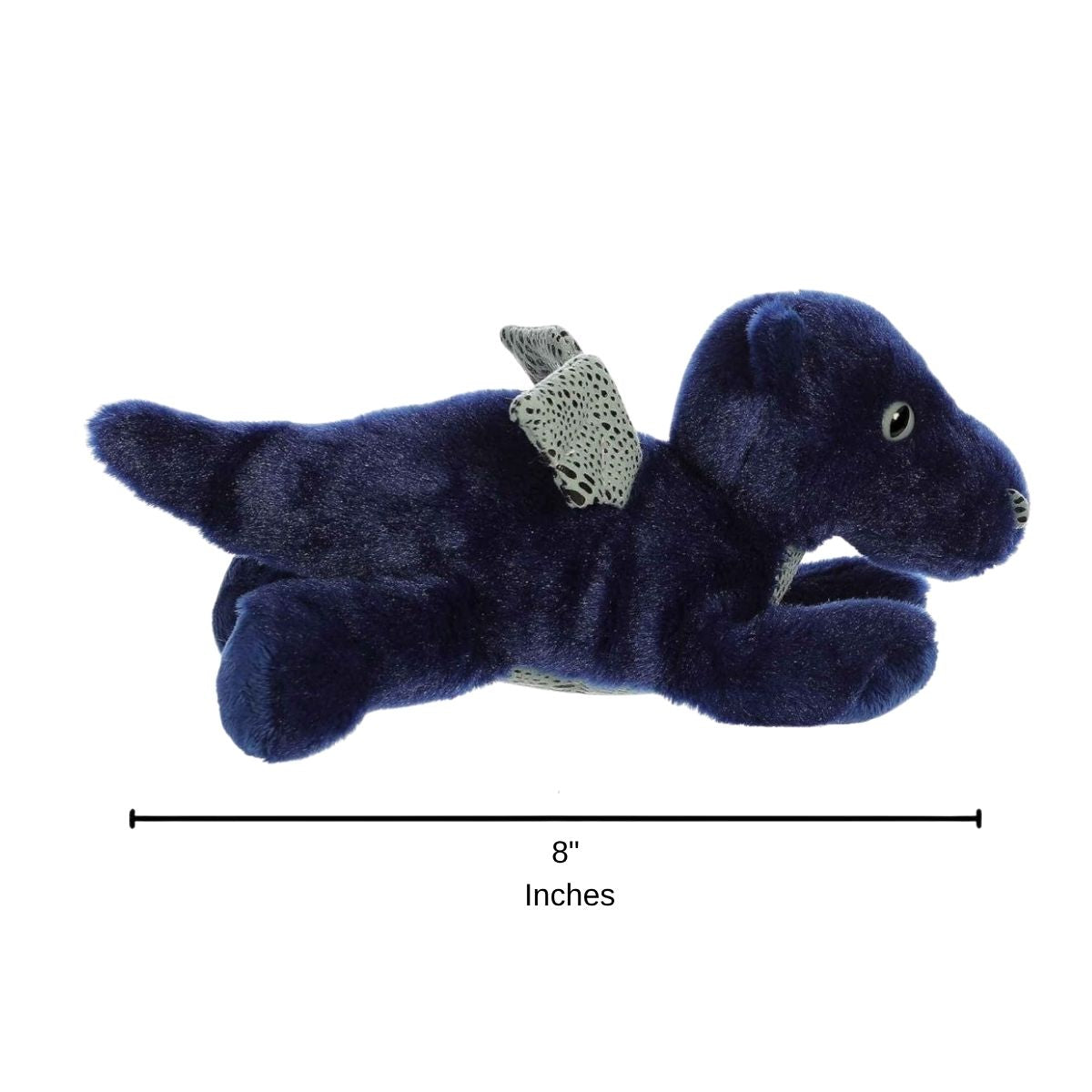 Full side profile of the deep blue dragon plush with a dimension line indicating its 8-inch length.