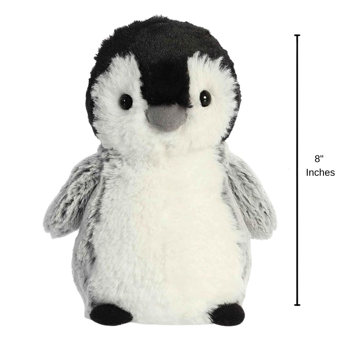 Full front view of the grey and white penguin plush with a dimension line indicating its 8-inch height.
