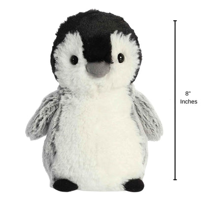 Full front view of the grey and white penguin plush with a dimension line indicating its 8-inch height.