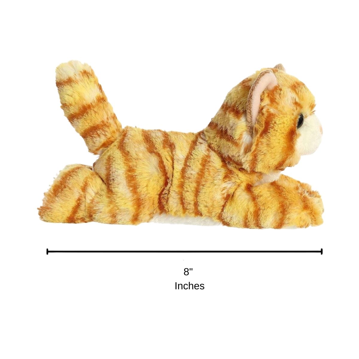 Side profile view of the Ginger Cat plush resting on its tummy with a measurement graphic indicating it is 8 inches long.