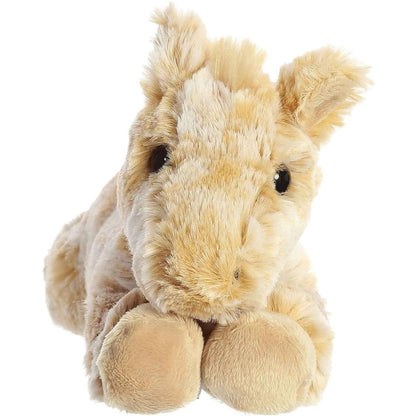 Straight-on front view of the soft horse plush resting on its tummy, showing its sweet face and dark eyes.