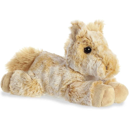 Angled front view of the cuddly Caramel Horse stuffed animal lying down comfortably.