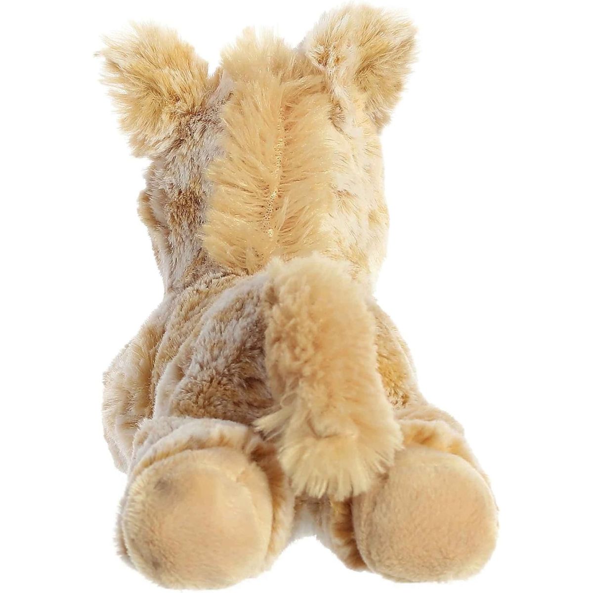 Direct back view of the horse plush highlighting its fluffy tail and textured back.