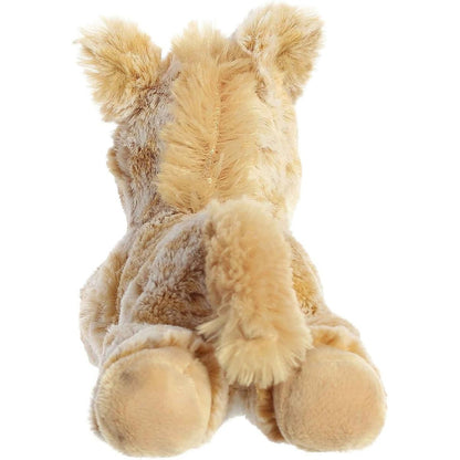 Direct back view of the horse plush highlighting its fluffy tail and textured back.