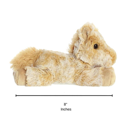 Side profile view of the Caramel Horse plush resting on its tummy with a measurement graphic indicating it is 8 inches long.