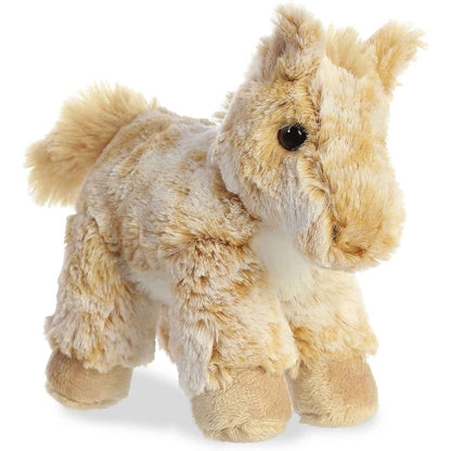 Angled front view of the 8-inch Aurora Mini Flopsie Caramel Horse stuffed animal standing, showing its mottled tan and cream coat.