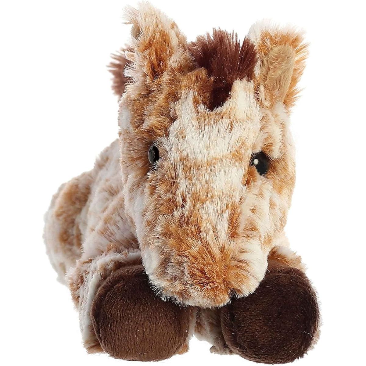 Direct front view of the soft speckled brown and white plush horse resting gently on its belly.