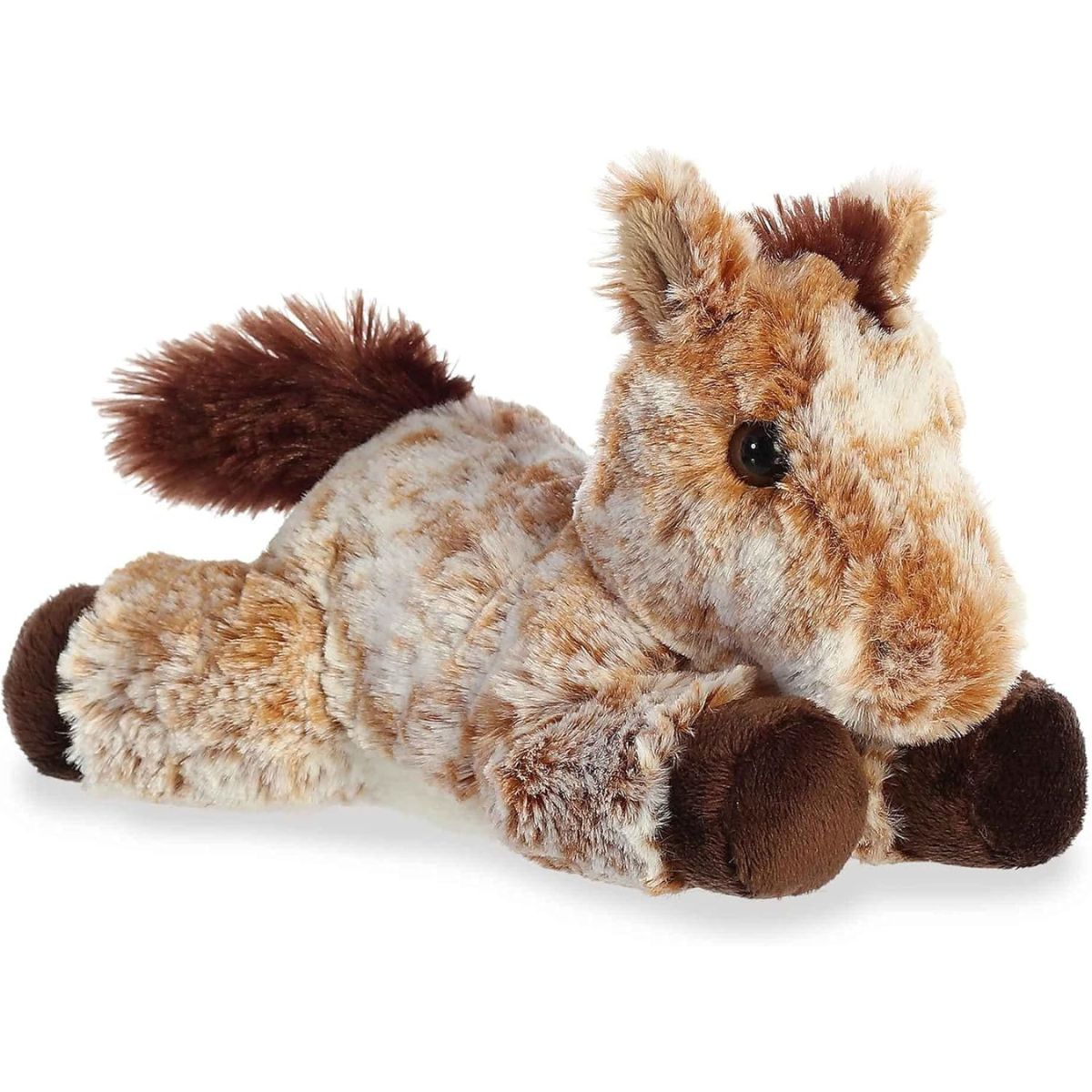 Side profile of the Aurora Mini Flopsie Mocha Horse plush lying down, highlighting its fluffy mane and tail.