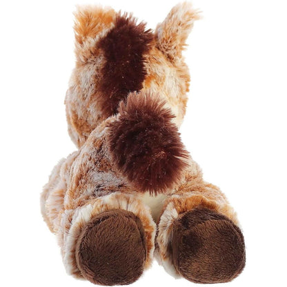 Direct back view of the cuddly brown and white plush horse showing its dark brown tail and back hooves.