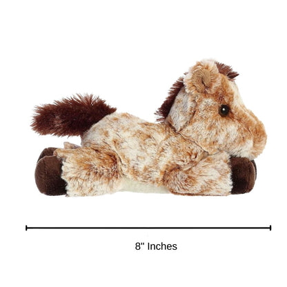 Dimension graphic showing the Aurora Mini Flopsie Mocha Horse lying down with a measurement line indicating it is 8 inches long.